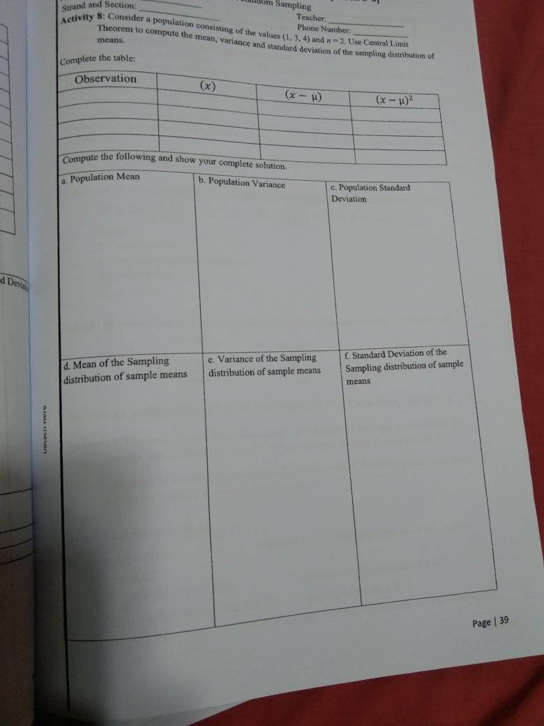 Strand and Section: n Sampling Teacher. verivity 8: Consider a population