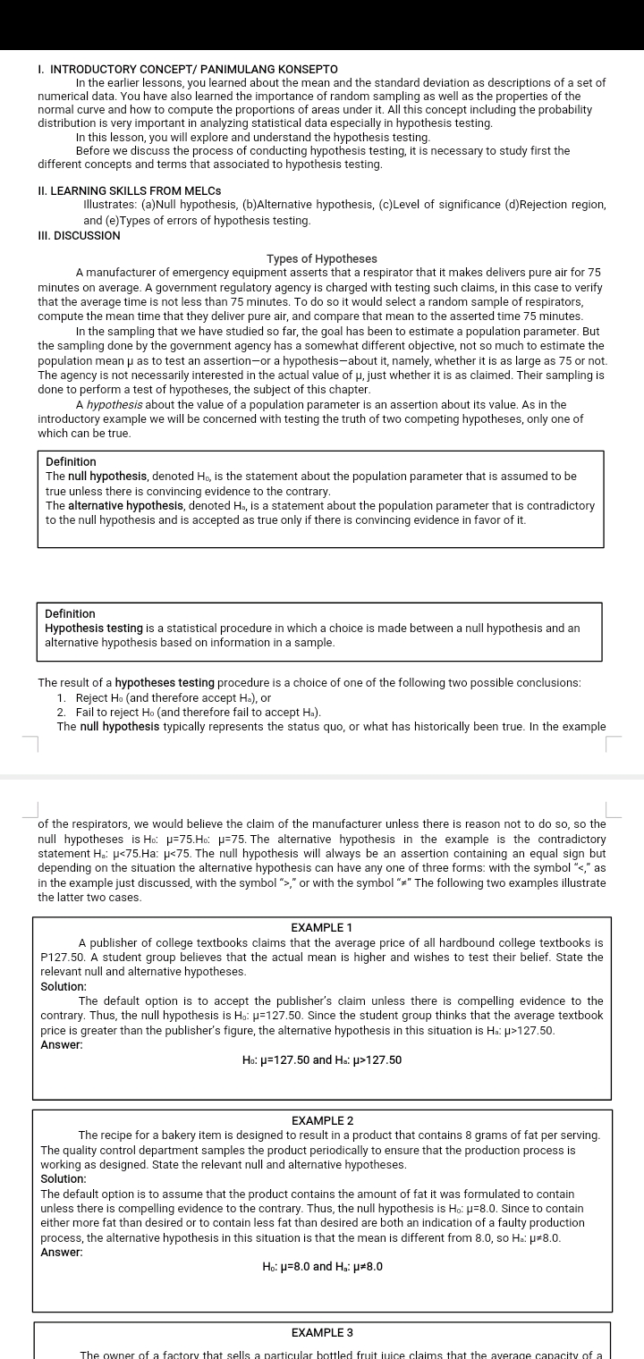 Can u help me with this? I'm so drained.Topic: Hypotheses Testing I.