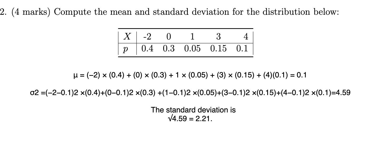 2. (4 marks) Compute the mean and standard deviation for the