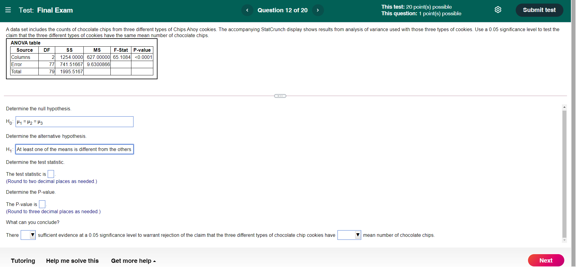 This test: 20 point(e) possible This question: 1 point(s) possible Submit
