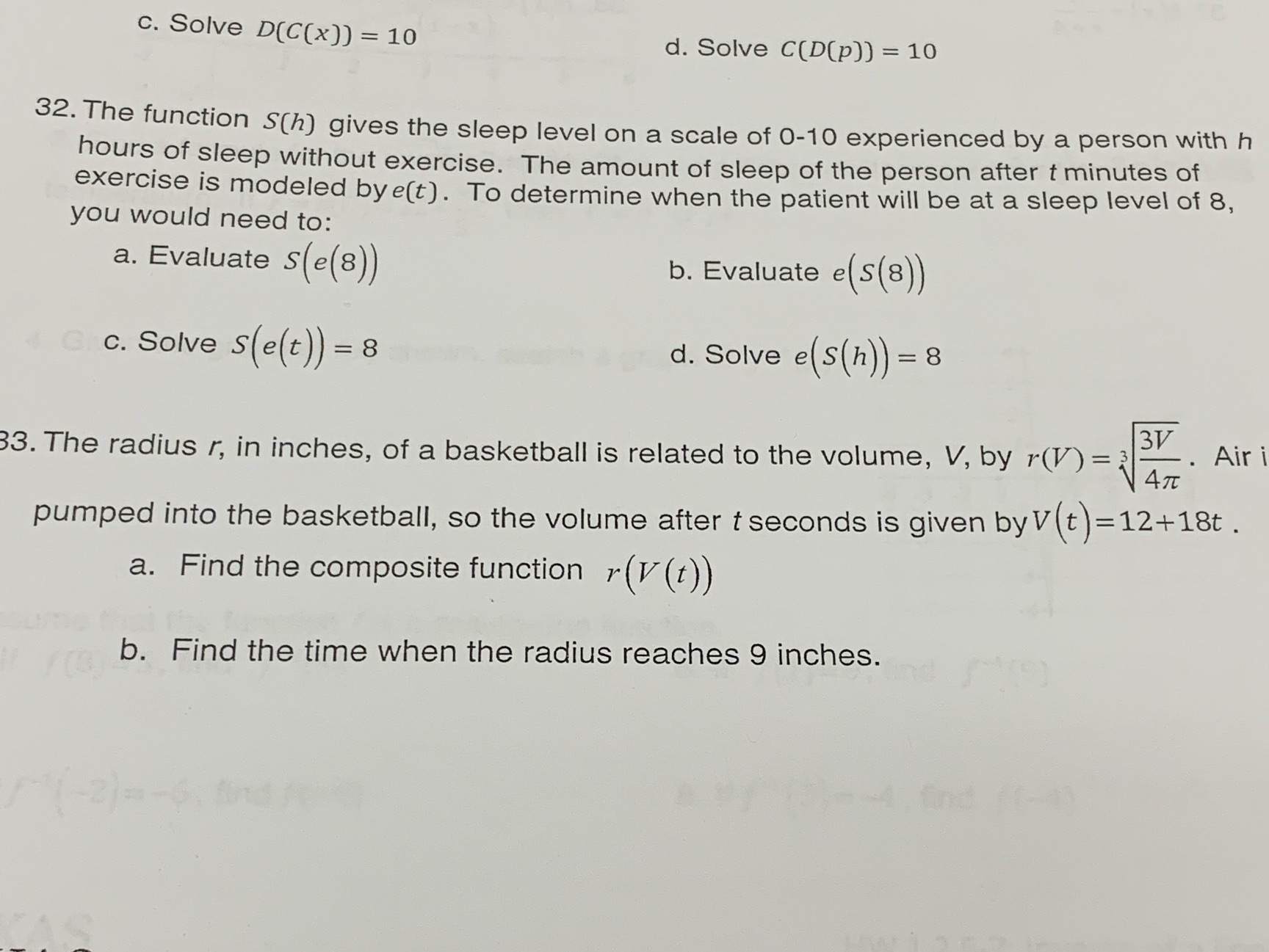 precal c. Solve D(C(x)) = 10 d. Solve C(D(p)) = 10 32.