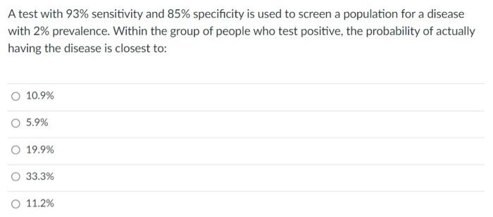 A test with 93% sensitivity and 85% specificity is used to