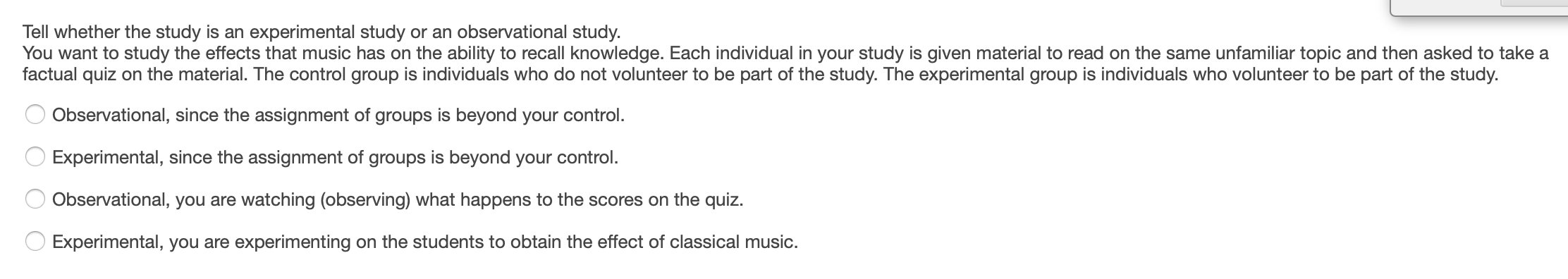 % Tell whether the study is an experimental study or an