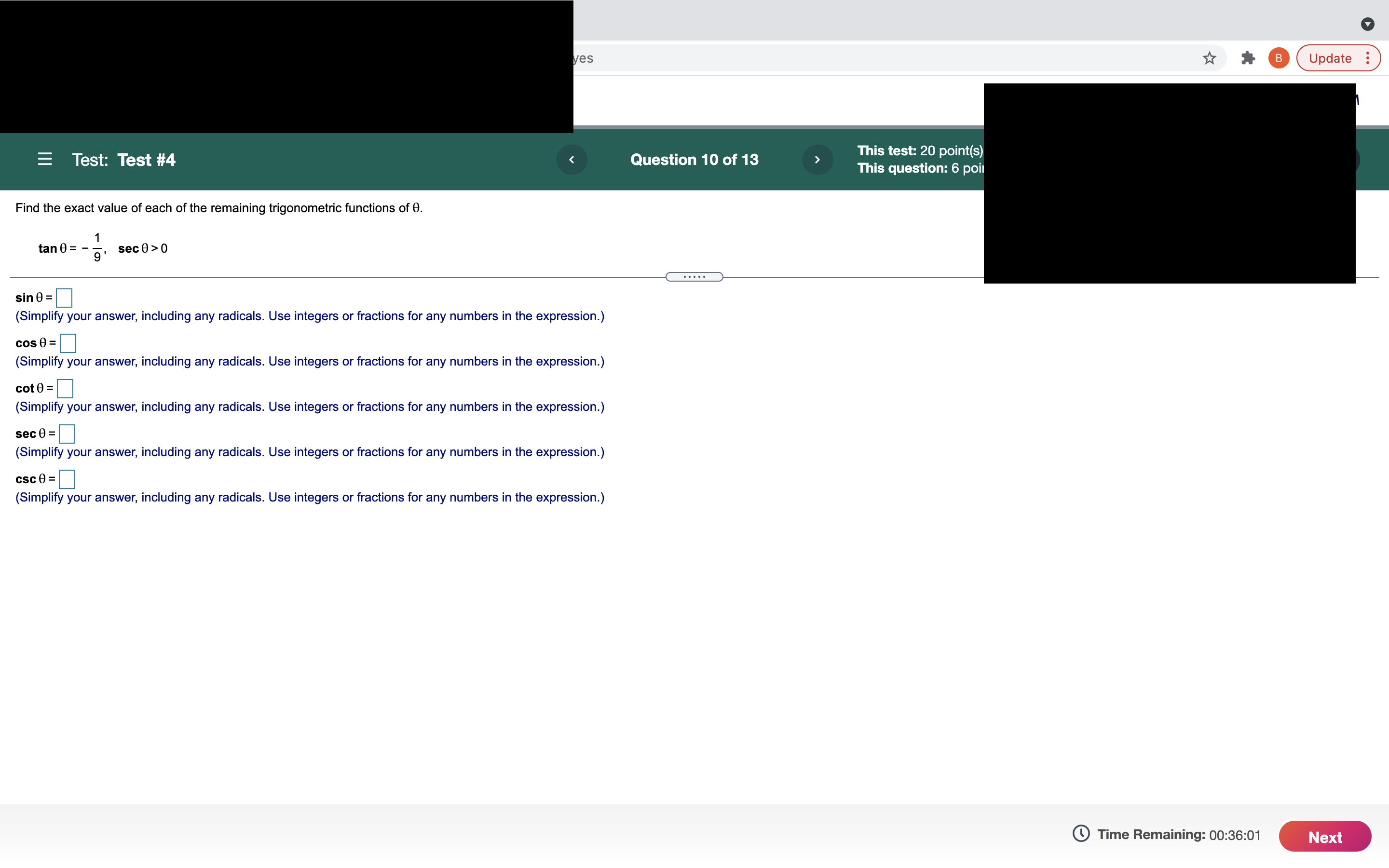 _ Test: Test #4 1 tan9= -, sec9>0 sln 9 =