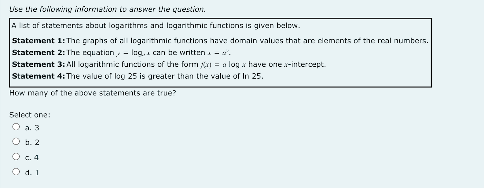 c. X = 5 log2x O d. y = 5Use the following