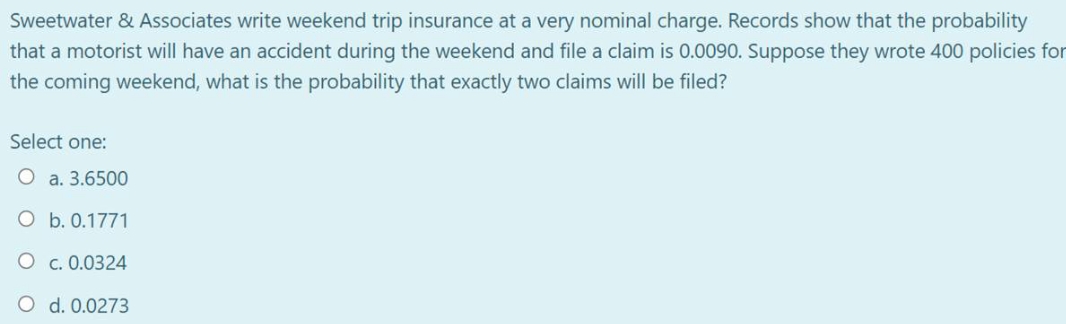 pls answer the question Sweetwater & Associates write weekend trip insurance at
