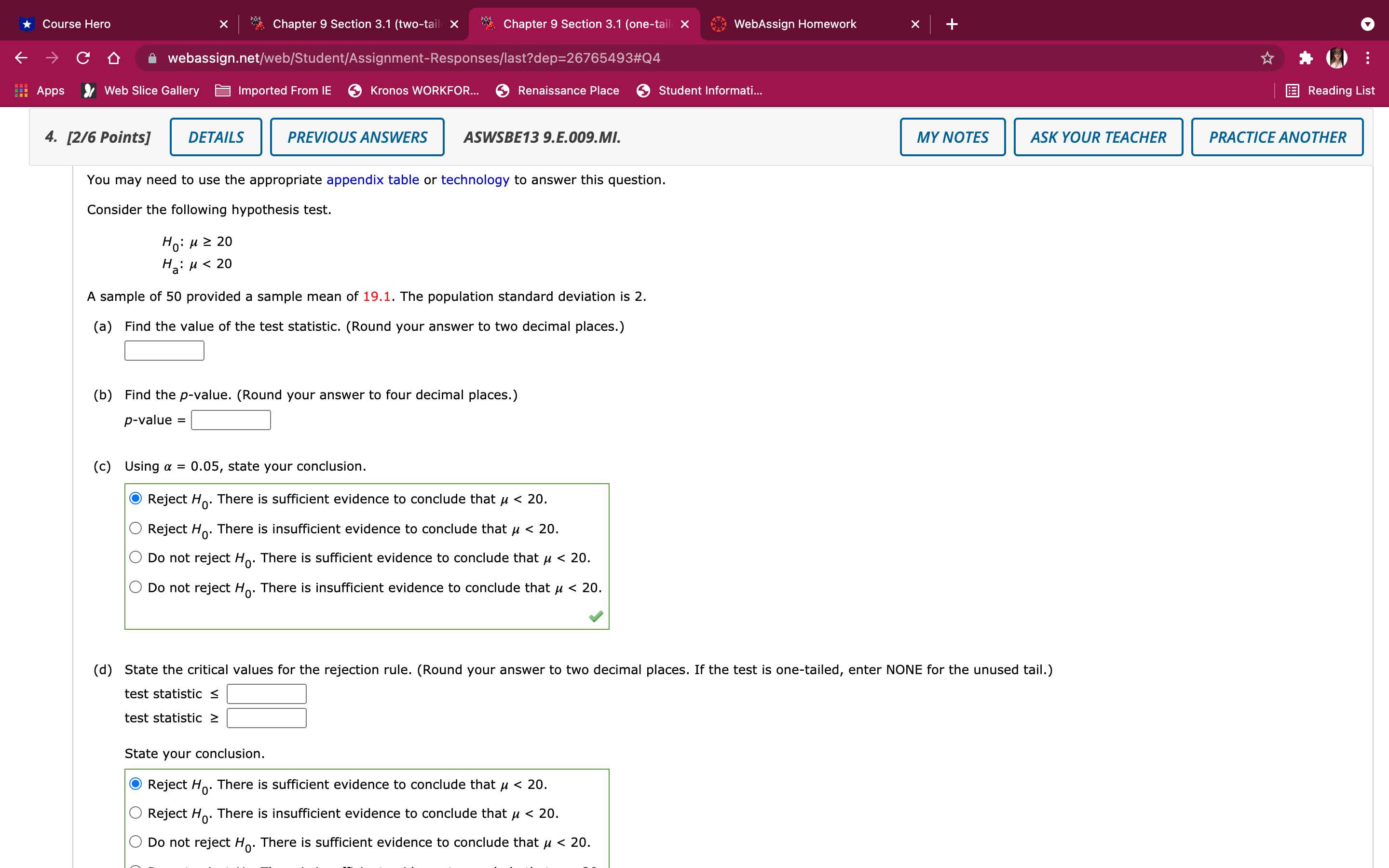 Link to tables: https://www.webassign.net/aswsbe13/appendix-b.pdf *Course Hero X "Chapter 9 Section 3.1 (two-tail