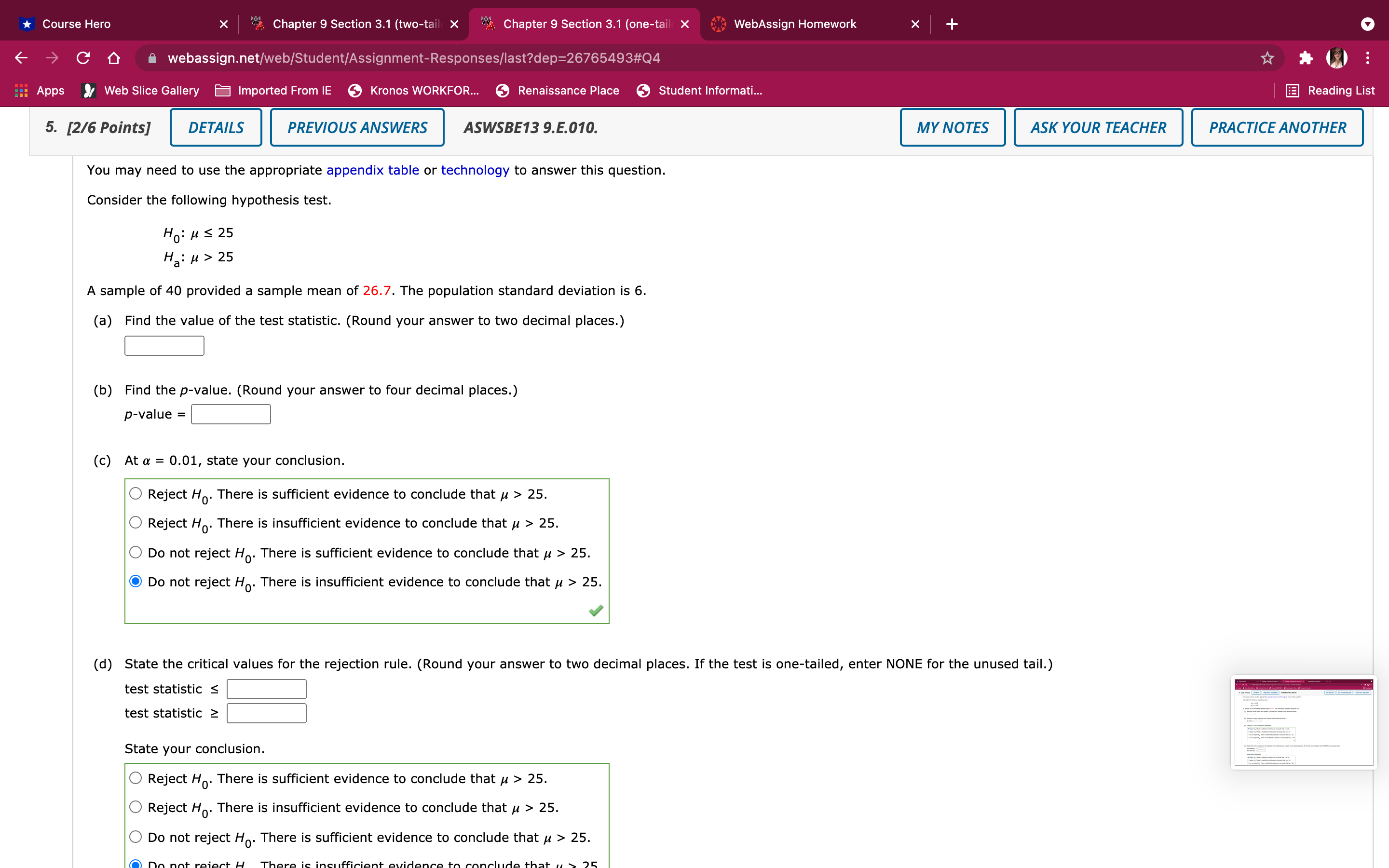 x " Chapter 9 Section 3.1 (one-tail X WebAssign Homework X C