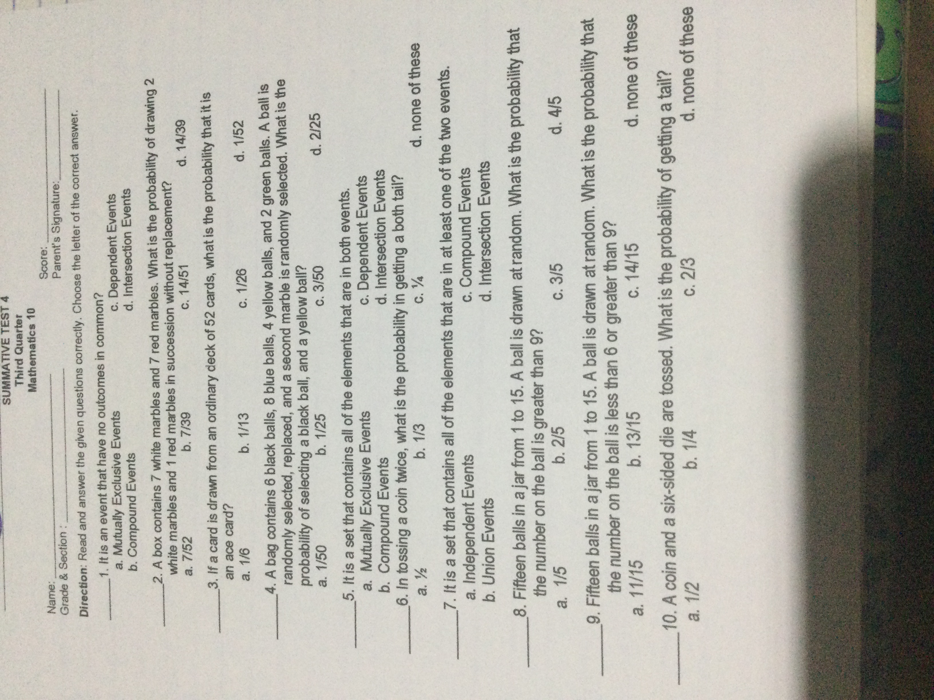  SUMMATIVE TEST 4 Third Quarter Mathematics 10 Name: Score: Grade &