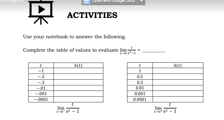 .001 .0001 lim to- sin t sin t 1 0.5 0.3 0.01
