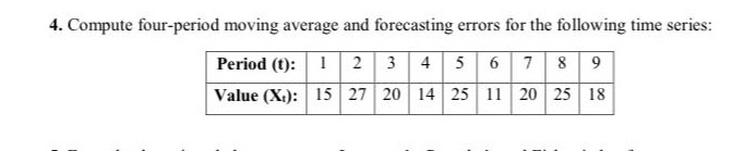  4. Compute four-period moving average and forecasting errors for the following