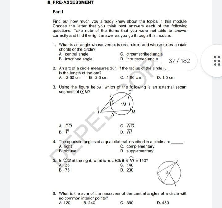 ACTIVITY Answer the following questions. Write the correct answer. III. PRE-ASSESSMENT Part