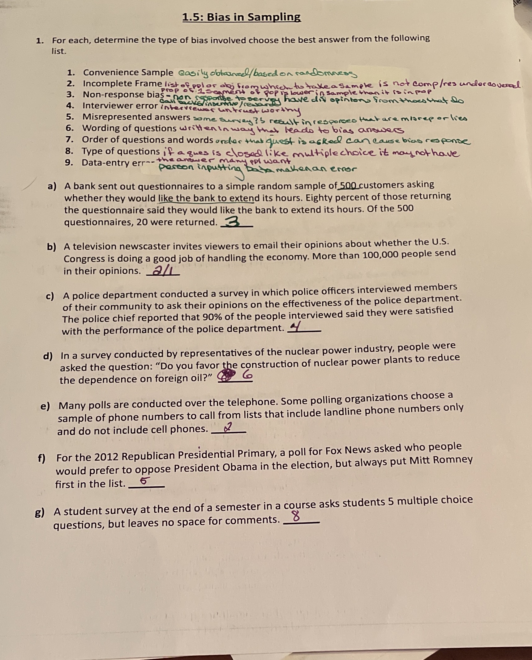 Please check my work 1.5: Bias in Sampling 1. For each, determine