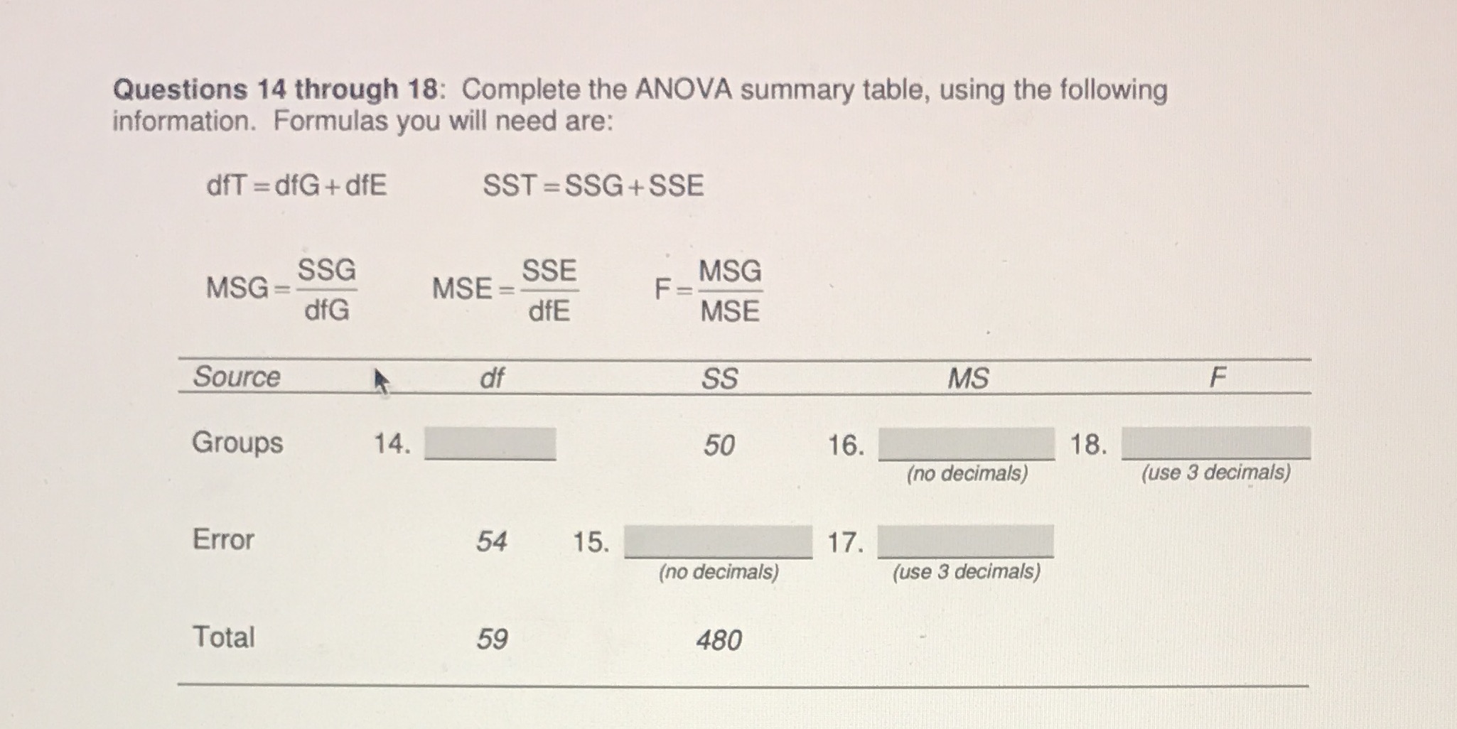  Questions 14 through 18: Complete the ANOVA summary table, using the