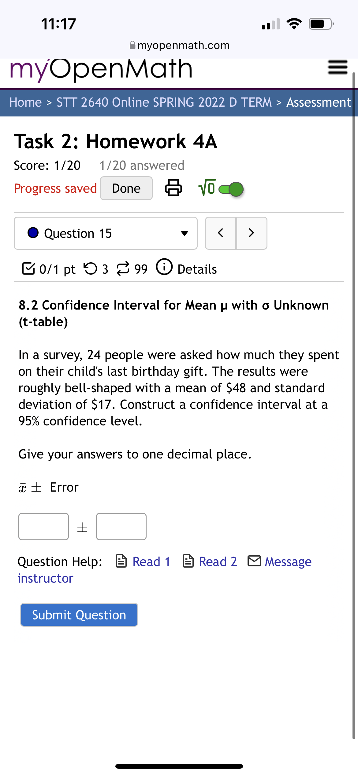 Mean u with 0 Unknown (t-table) If n = 11, 5: =
