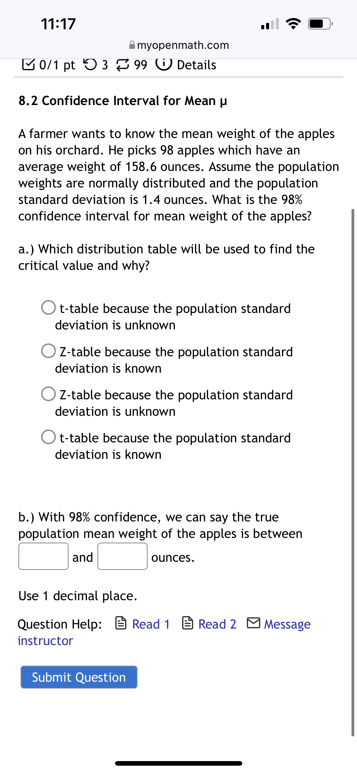 39, and s = 6, construct a confidence interval at a 98%