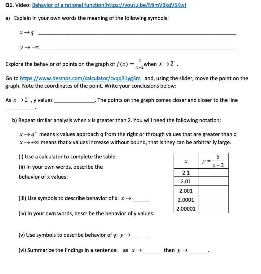  (11. Video: Behavior ofa rational function!httpsyoutubegMimVBkgVSle a] Explain in your own