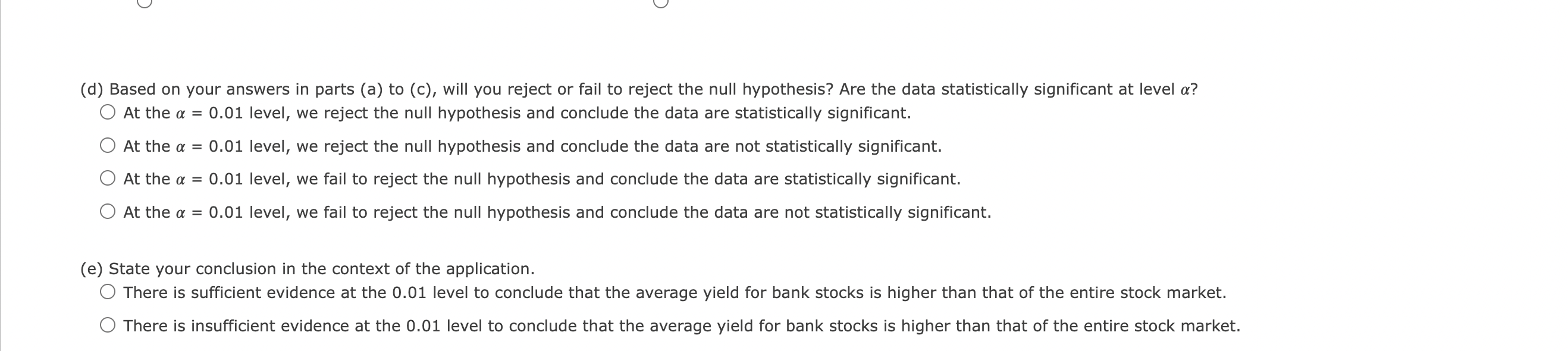 = 2.8%. A random sample of 10 bank stocks gave the following