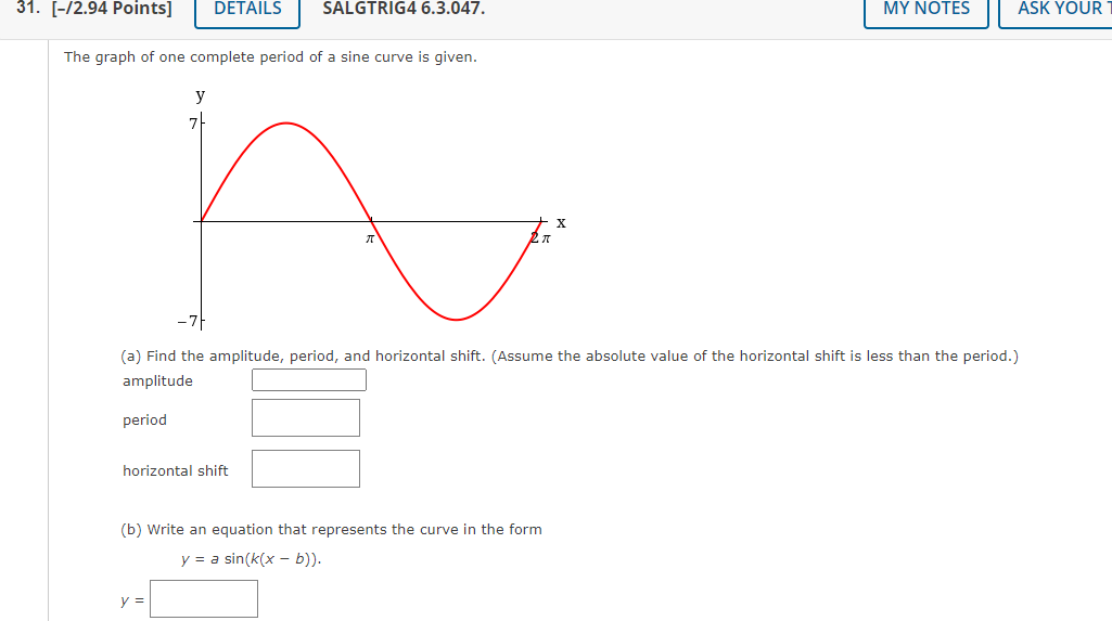 period, and horizontal shift. (Assume the absolute value of the horizontal shift
