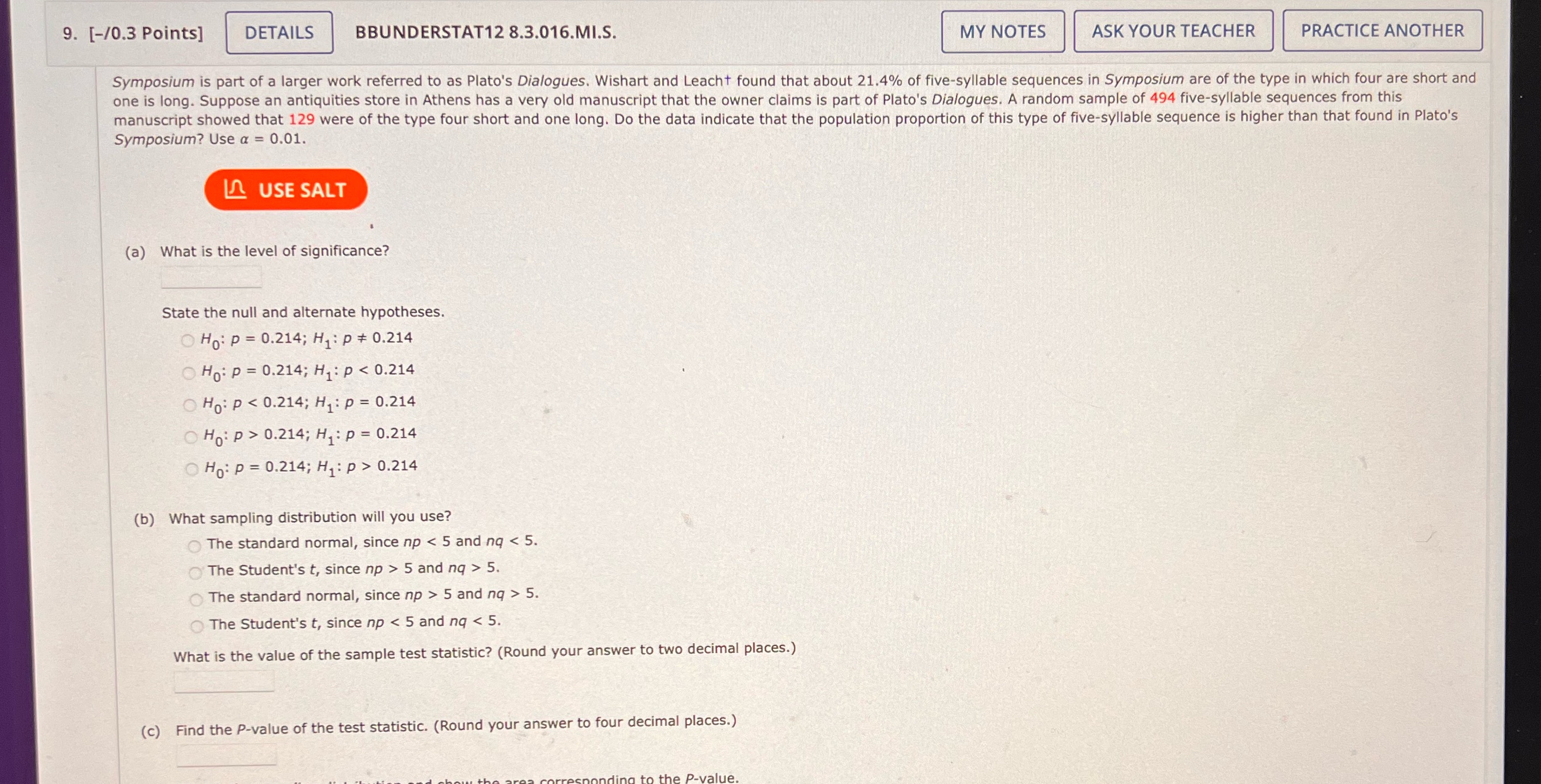  9. [-/0.3 Points] DETAILS BBUNDERSTAT12 8.3.016.MI.S. MY NOTES ASK YOUR TEACHER