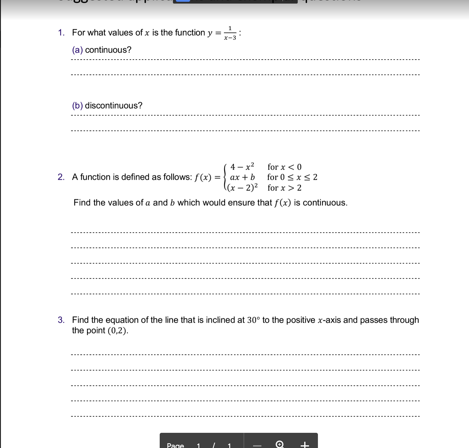  1. For what values of x is the function y =