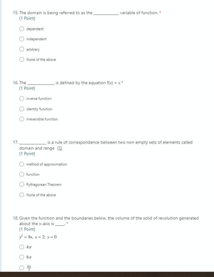 the solid of revolution generated about the x-axis is (1 Point) y