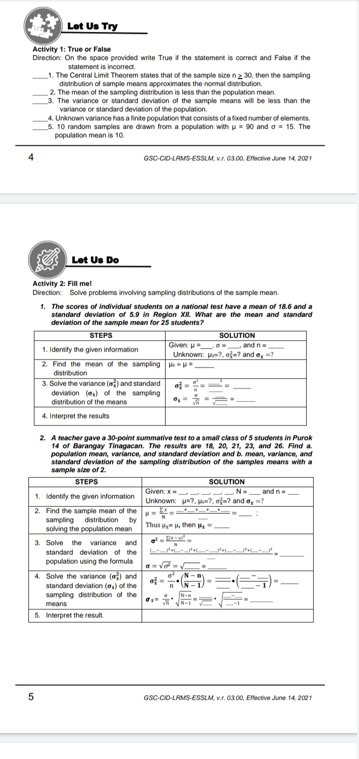 Need your help regarding this Activities. Let Us Try Activity 1: True