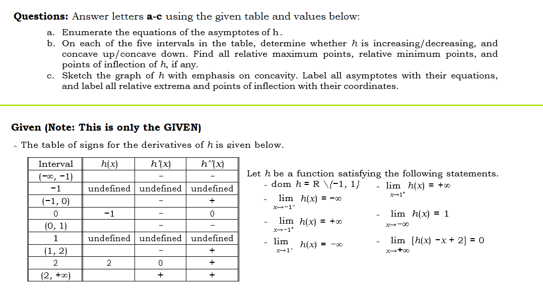  Questions: Answer letters a-c using the given table and values below: