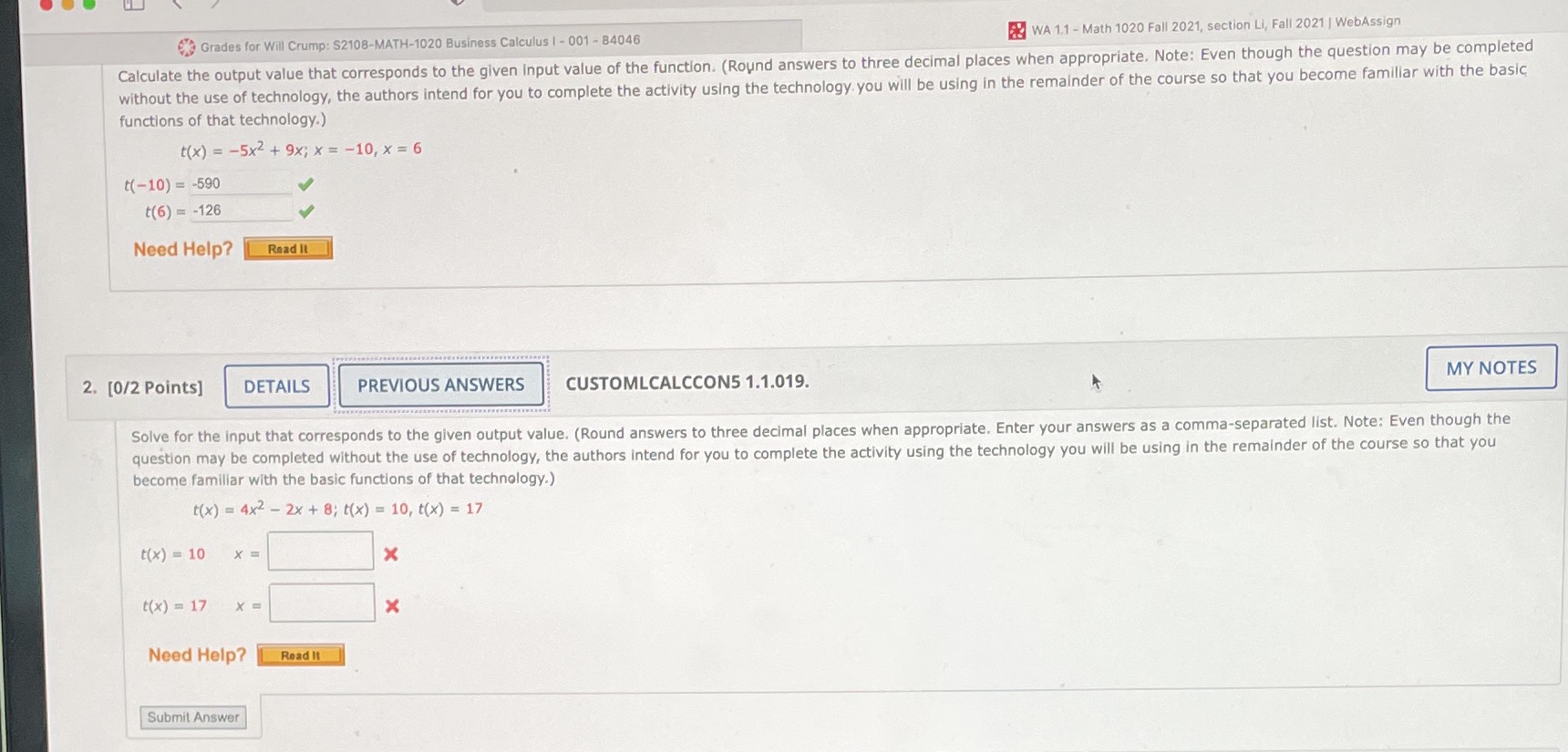 Need help with both Grades for Will Crump: $2108-MATH-1020 Business Calculus |