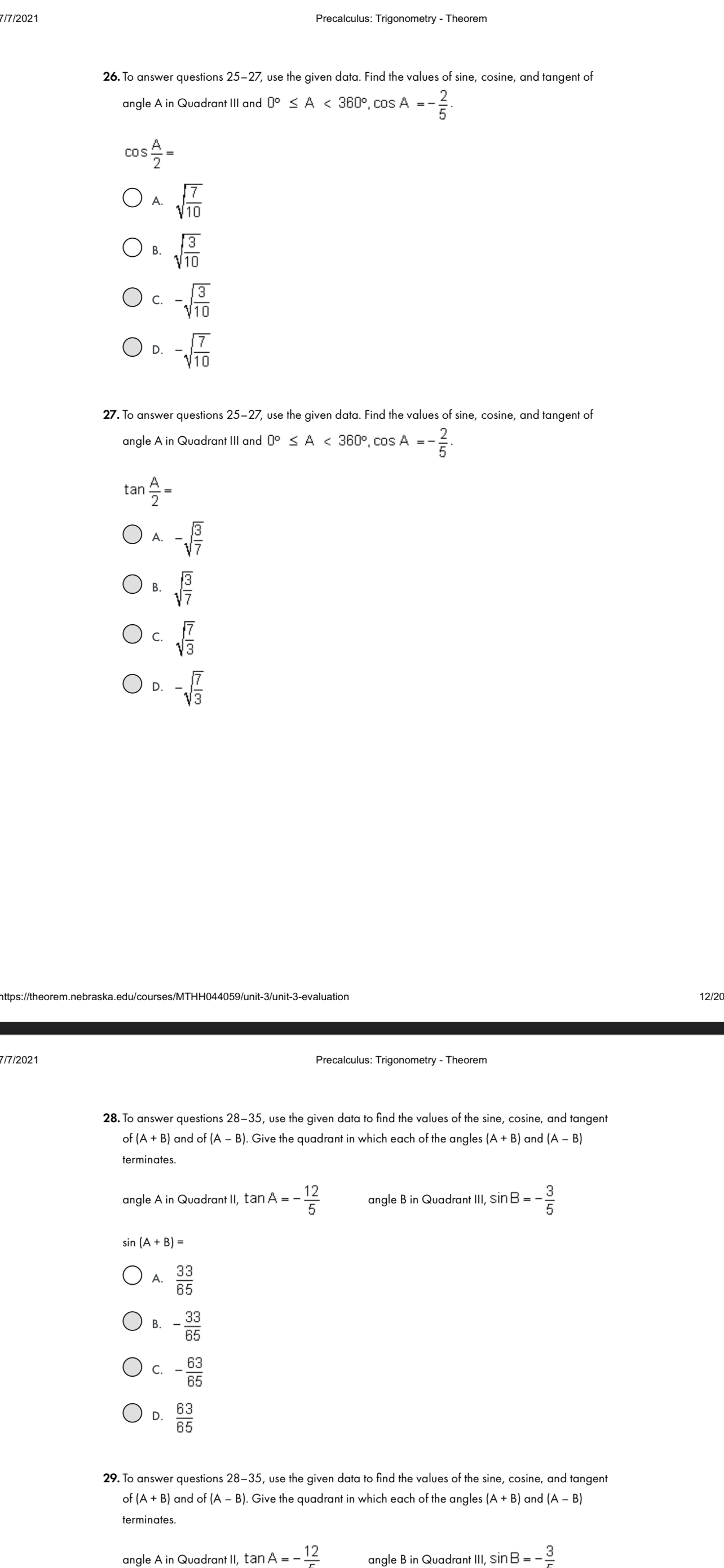 7/7/2021 Precalculus: Trigonometry - Theorem 26. To answer questions 25-27, use
