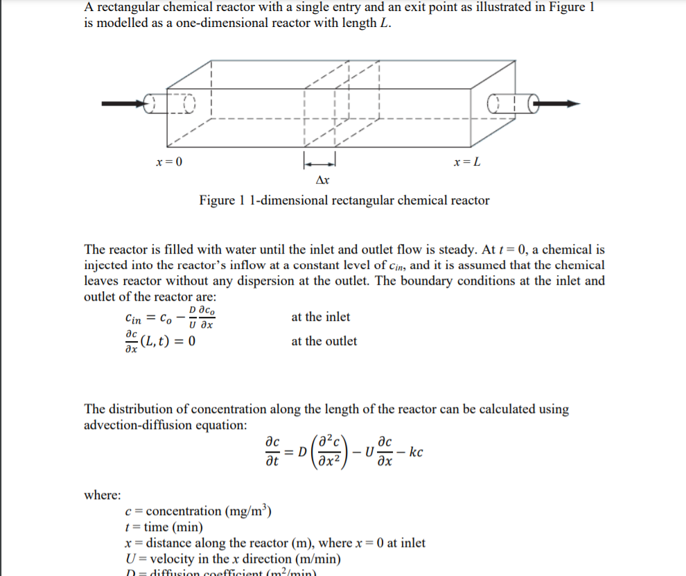 A rectangular chemical reactor with a single entry and an exit