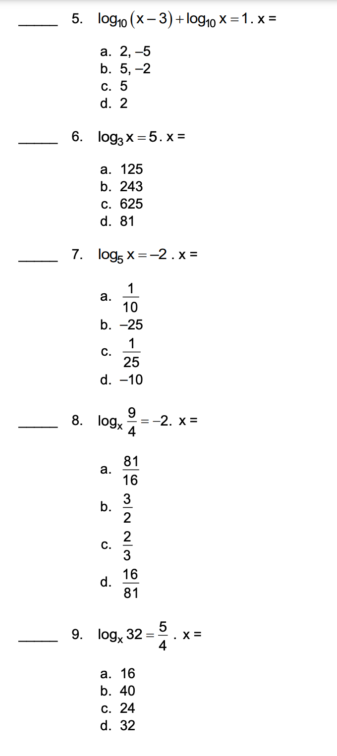 C. 3 d. 5 2. 4X2 - 2X _ 64. X =