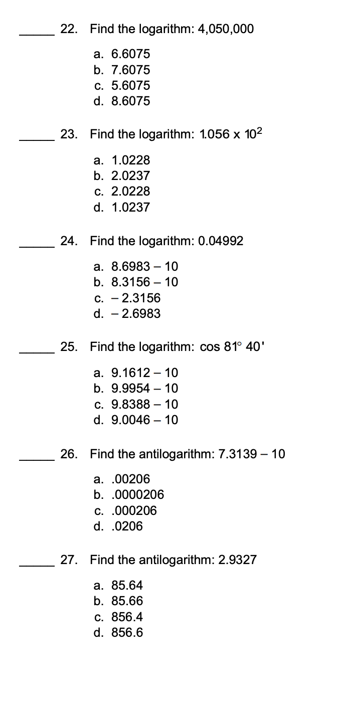 log10 9 4. 5x = 9 . X = a. 1.4 b.