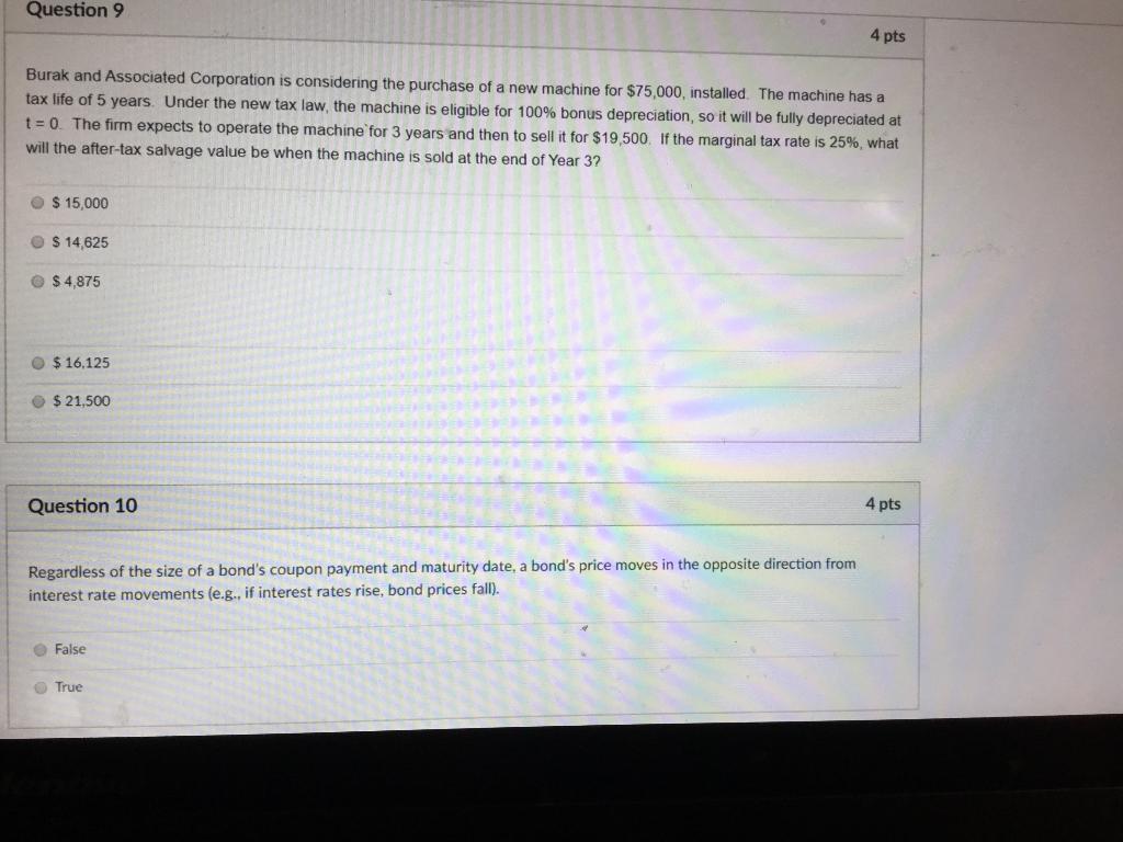 Question 9 4 pts Burak and Associated Corporation is considering the