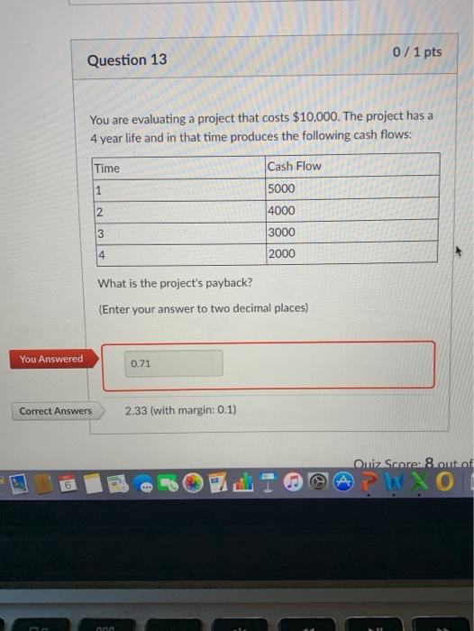  0/1 pts Question 13 You are evaluating a project that costs