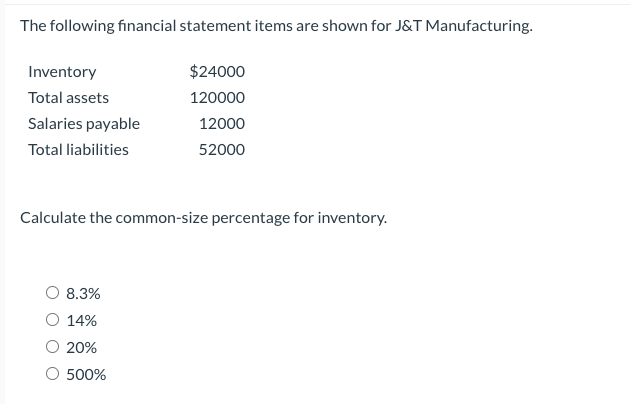  The following financial statement items are shown for J&T Manufacturing. Inventory