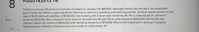  Problem 1-8 (LU 1-3, 1-4) 00 Franklin purchases 40 percent of
