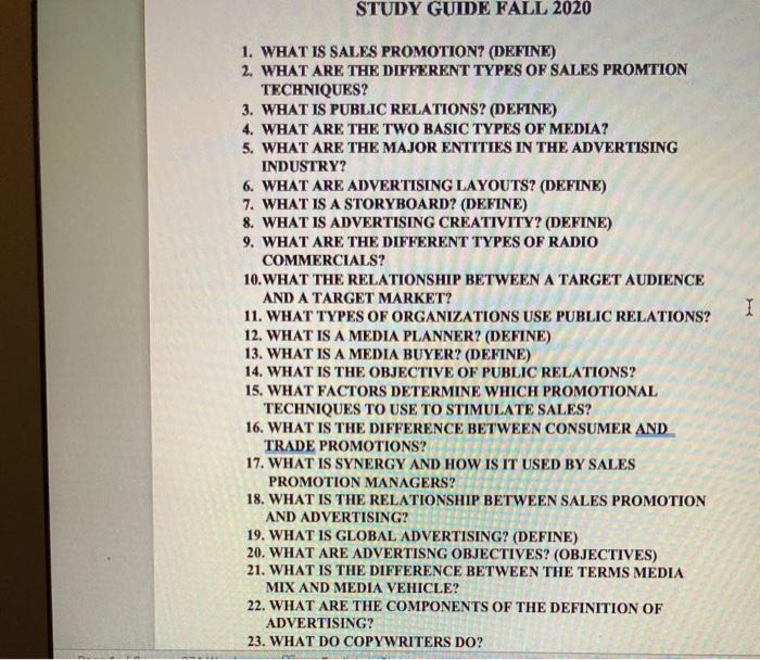  STUDY GUIDE FALL 2020 I 1. WHAT IS SALES PROMOTION? (DEFINE)