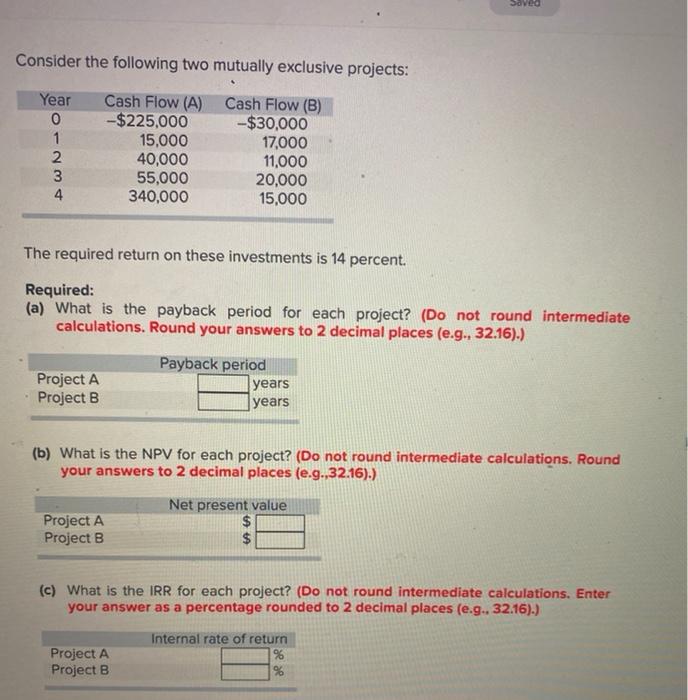  SOVO Consider the following two mutually exclusive projects: Year 0 1