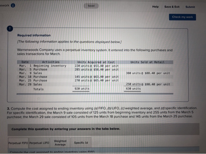  ework Help Save & Exit Submit Check my work Required information
