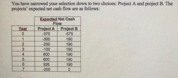  You have narrowed your selection down to two choices: Project A