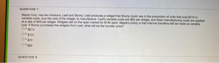  QUESTION Maple Corp. has two division, Leal and Stump. Leat produces