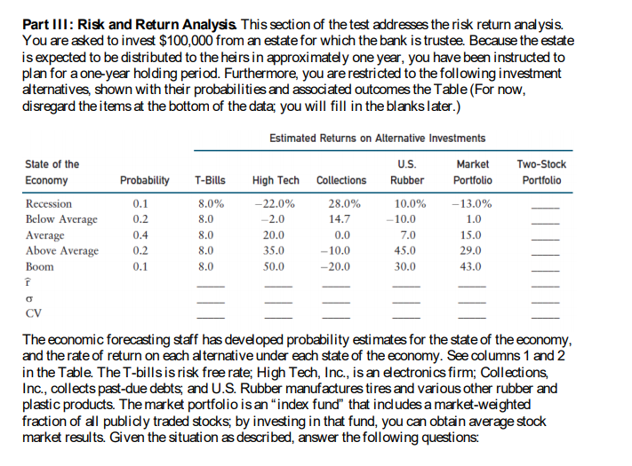 Please Help Please Part III: Risk and Return Analysis. This section