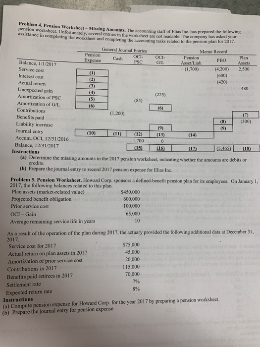  Problem 4. Po em 4. Pension Worksheet-Missing Amounts. The accounting staff