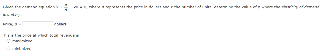 Given the demand equation x + 2 - 20 = 0,