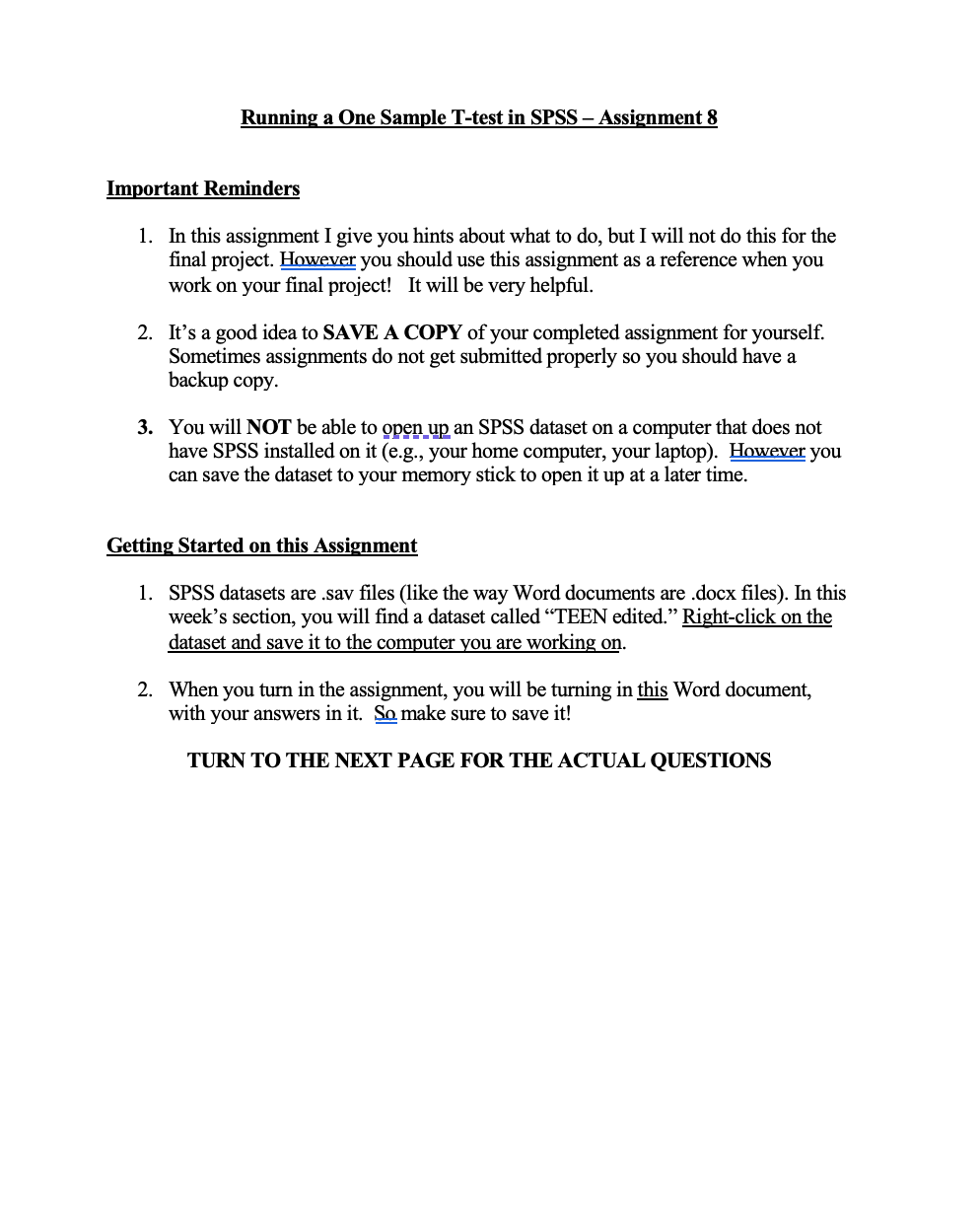 Running a One Sample T-test in SPSS - Assignment 8 Important