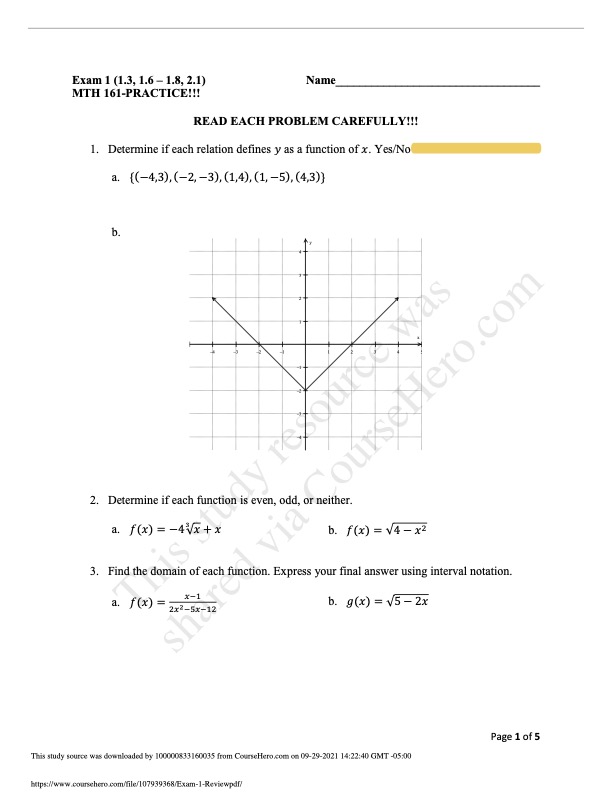  Exam 1 (1.3, 1.6 - 1.8, 2.1) Name MTH 161-PRACTICE!! READ
