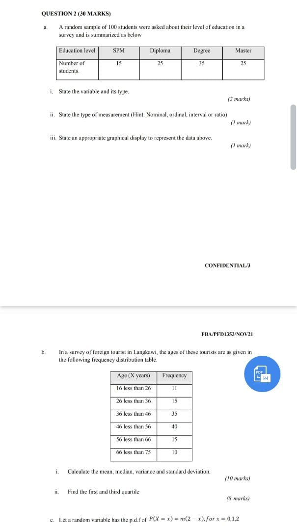 QUESTION 2 (30 MARKS) A random sample of 100 students were