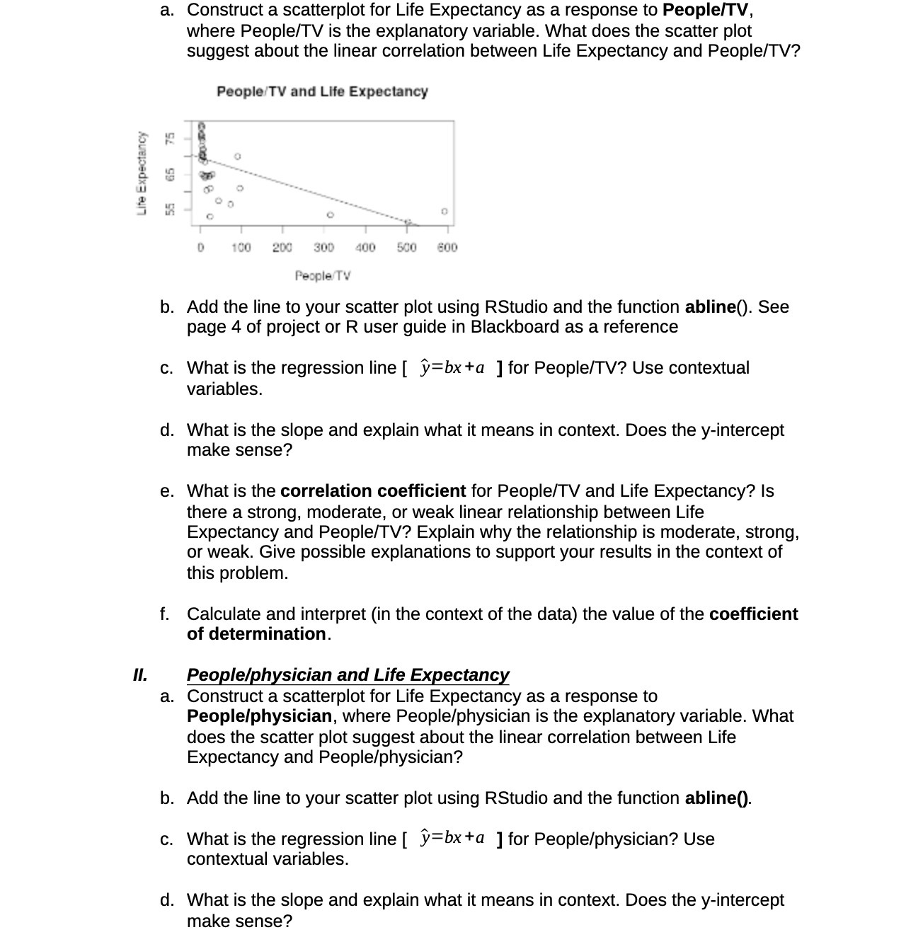 a. Construct a scatterplot for Life Expectancy as a response to