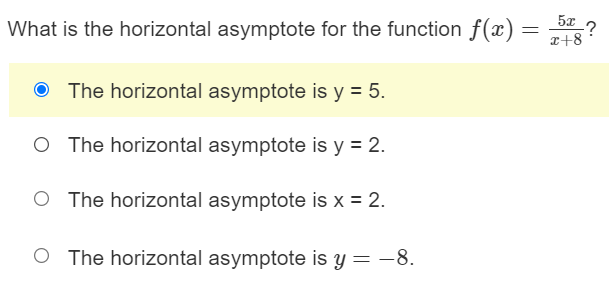 What is the horizontal asymptote for the function f(x) = 5r